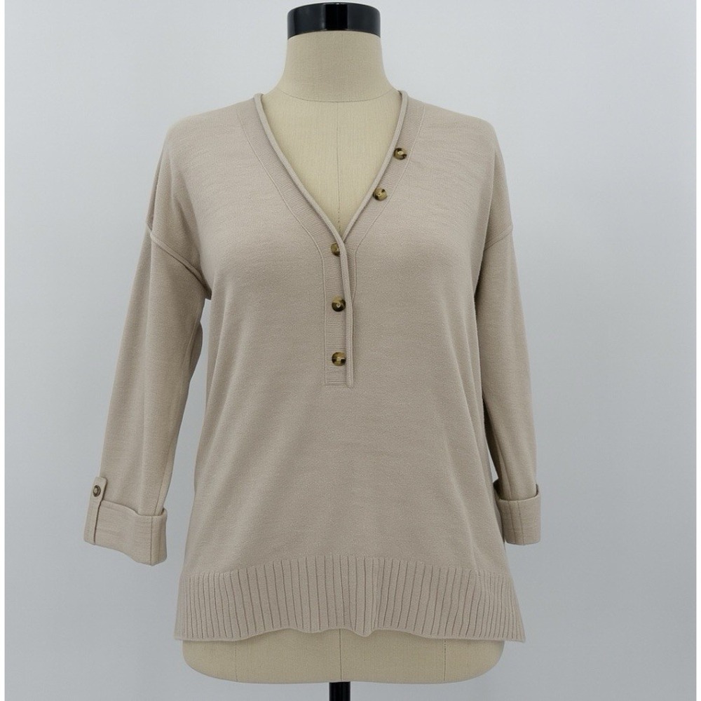 LOFT Sweater Womens Beige V Neck 3/4 Sleeve Breathable Knit Top Size Small